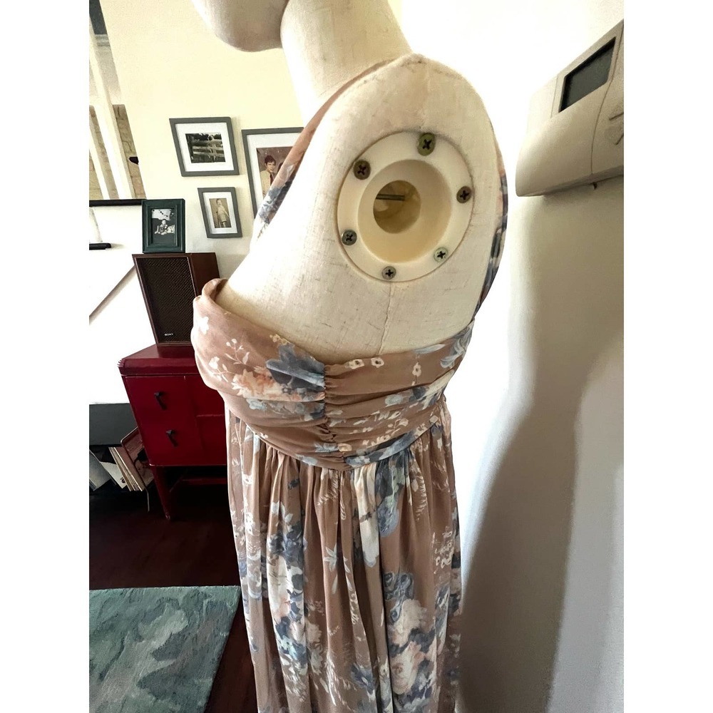 PURPOSE + PASSION Boutique Beige Floral Bandeau Halter Ruffled Maxi Dress Sz S - Picture 3 of 15